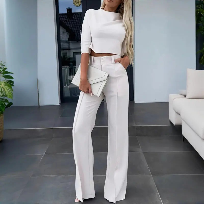 Women's Elegant Solid Color Half Sleeve Short Top With Straight Leg Pants Two-Piece Office Wear Suit With Pockets Lady T Fashions