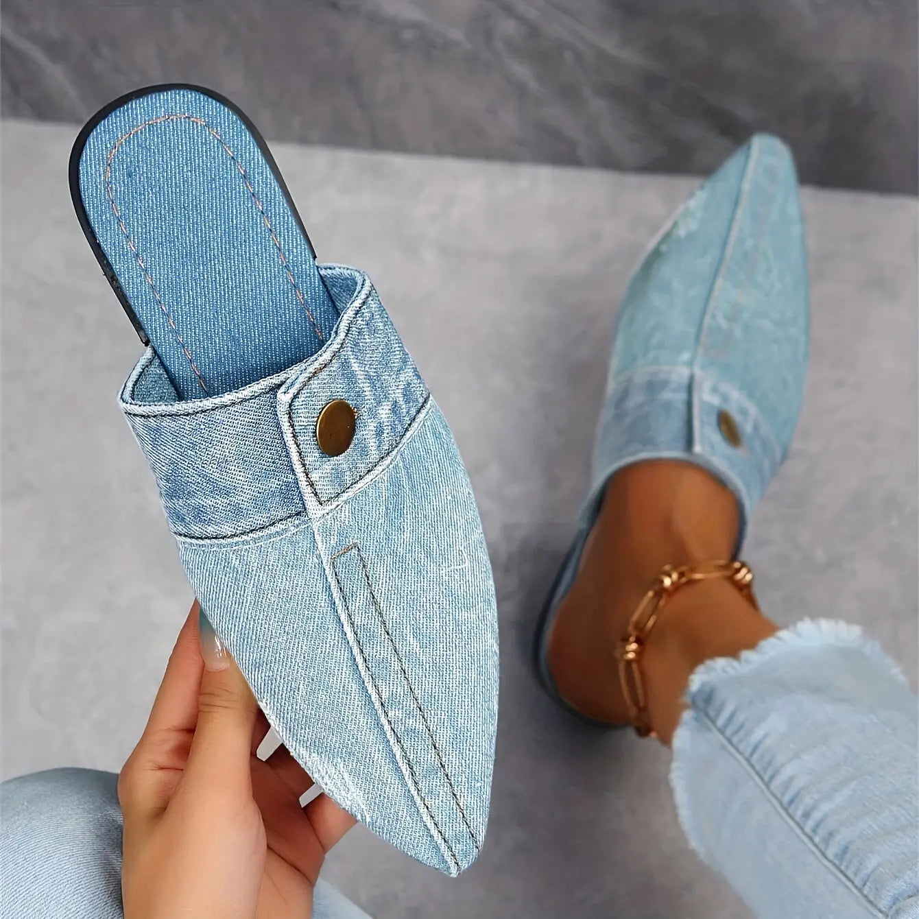 Women's Denim Flat Mules, Fashion Pointed Toe Slip On Non Slip Shoes, Casual Outdoor Slides Lady T Fashions
