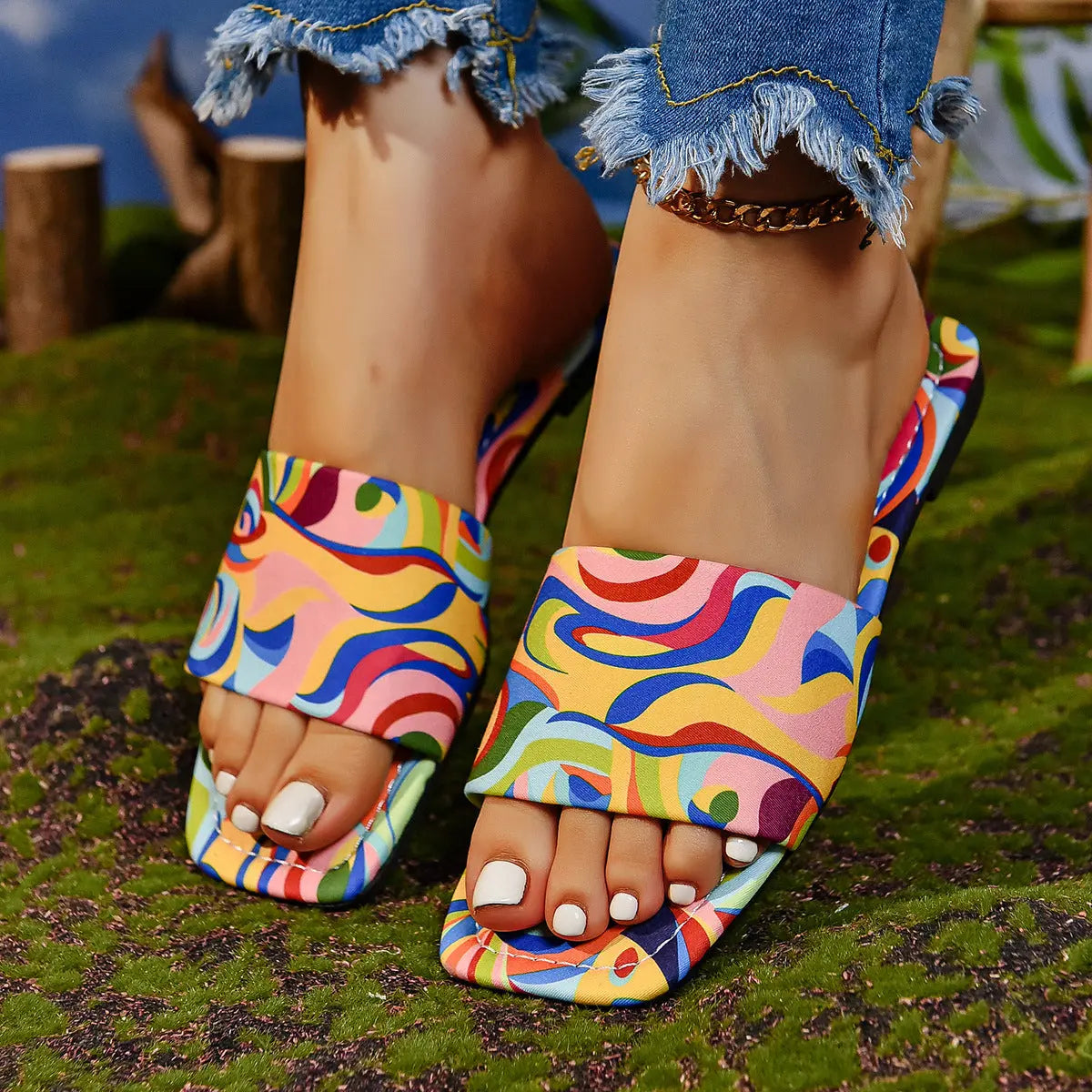 Graffiti Flat Slippers Outdoor Candy Color Square Toe Beach Sandals Lady T Fashions