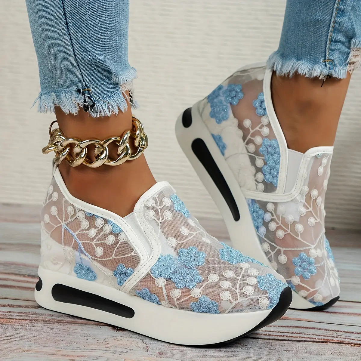 Stunning Floral Lace Platform Shoes - Fashion Sneakers with Height Increasing, Slip-On Design, Low Top Style, and Versatile Casual Wear - Perfect for Everyday Outings and Special Occasions Lady T Fashions