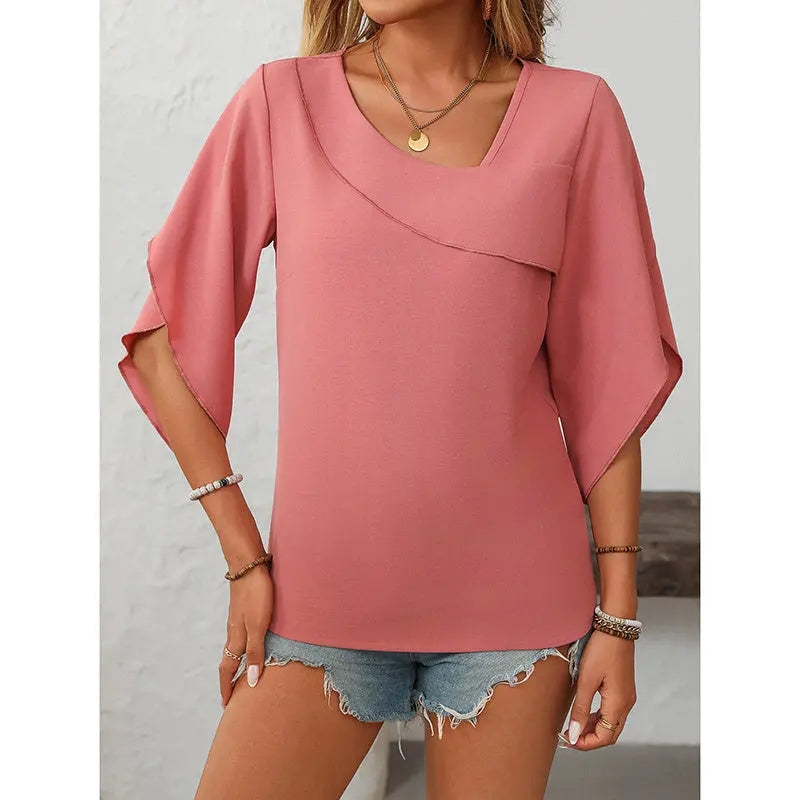 Womens Tops Dressy Casual 3 4 Sleeve Asymmetrical V Neck Work Shirts Blouses Lady T Fashions