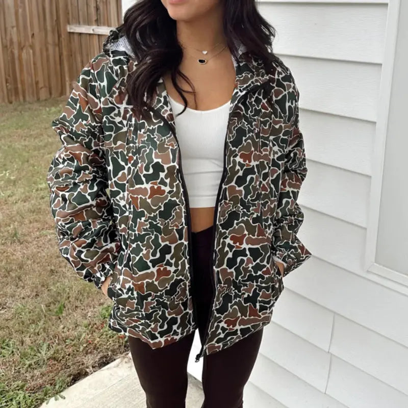Women's Camouflage Print Long Sleeve Hooded Jacket With Zipper & Pockets - Streetwear Fashion Coat For Spring&Fall Lady T Fashions