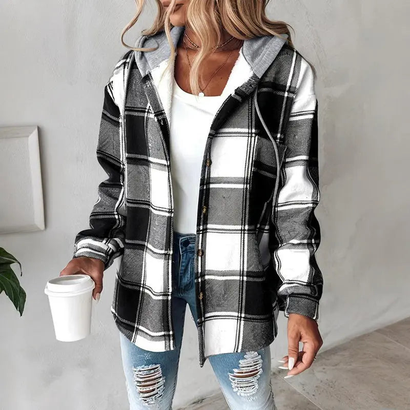 Women's Plaid Hoodie Long Sleeve Jacket Button Drawstring Casual Fall Shirts Shacket With Pocket Lady T Fashions