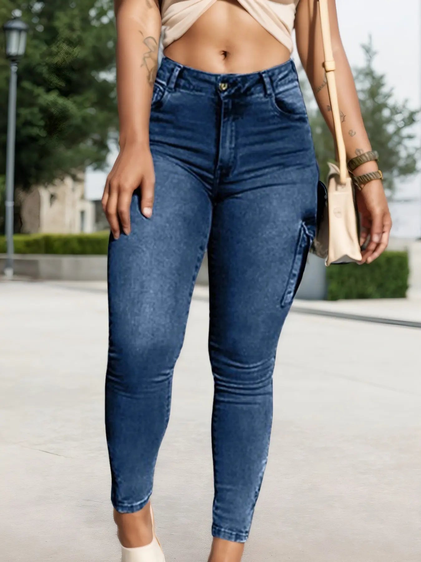 Multi-pocket High-stretch Mid-rise Zipper-hem Skinny Pencil Pants, Urban Style Women's Jeans And Clothing Cargo Jeans Amazon Don't Sell Lady T Fashions