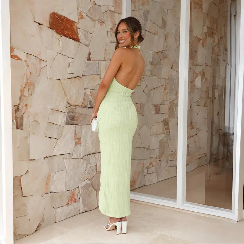 Ins Halter Split Long Dress Summer Slim Fit Backless Dresses Solid High-end Women's Clothing Lady T Fashions