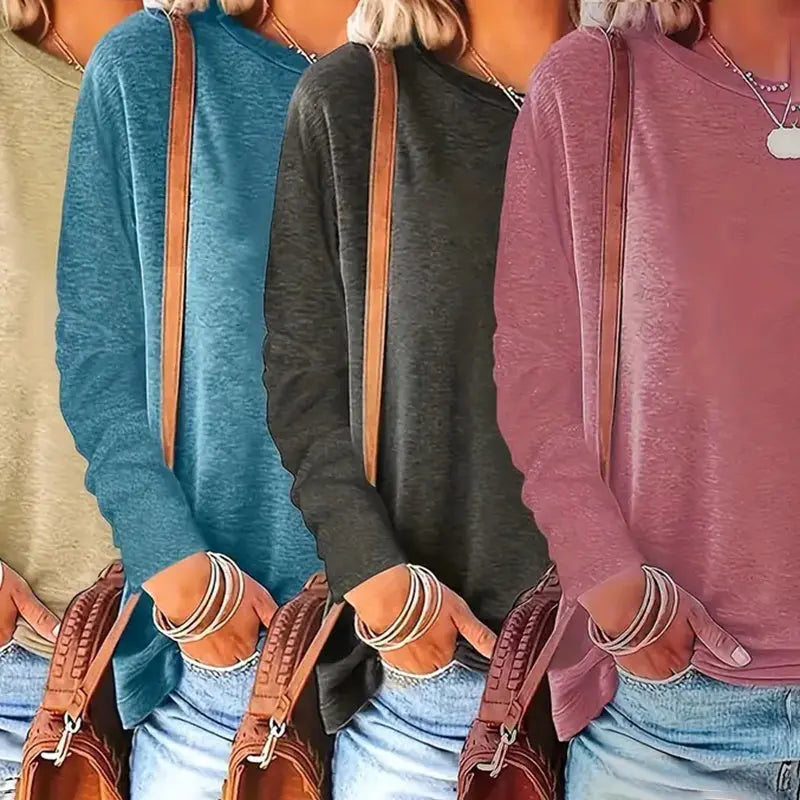 4 Pack Women's Solid Color Casual Set Round Neck Long Sleeve Tops For Spring&Fall Lady T Fashions