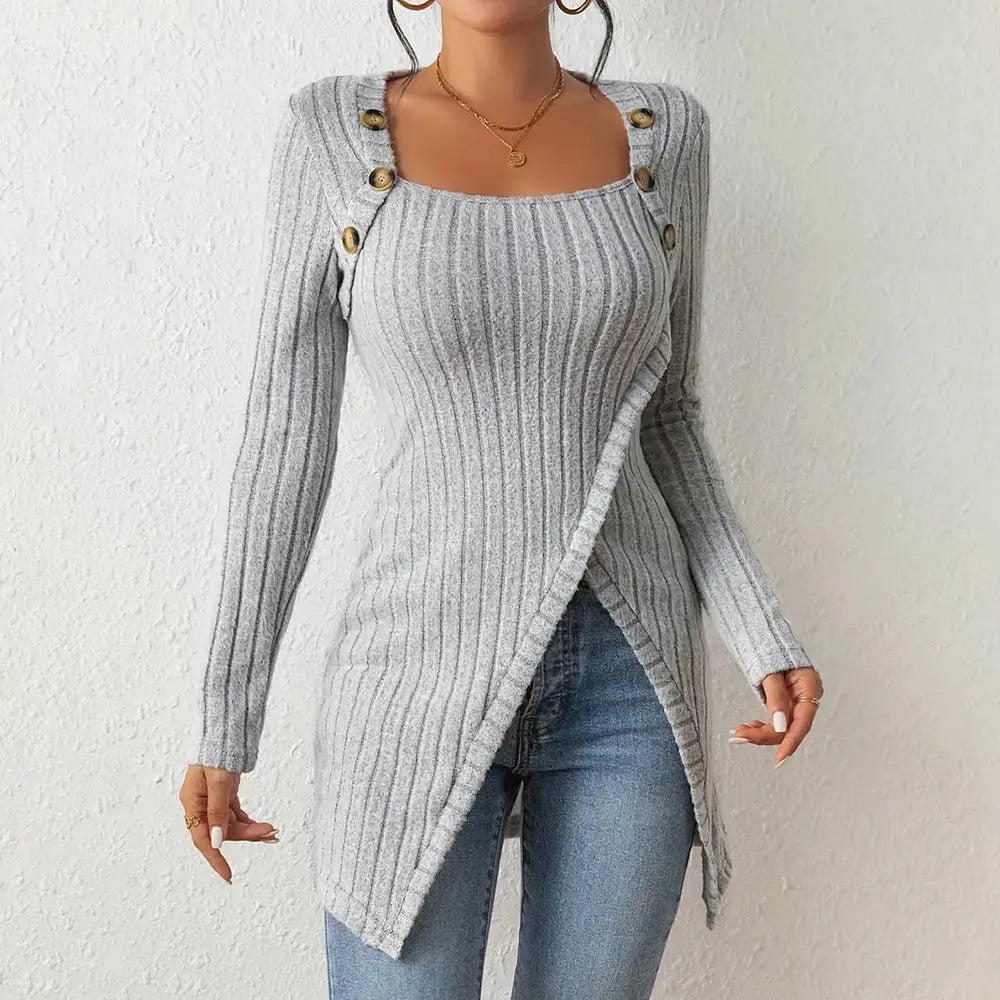 Elegant Women's Solid Color Slim-Fit Long Sleeve Top - Square Neck & Button Detail With Asymmetric Hem, Casual Fall&Spring Blouse Lady T Fashions