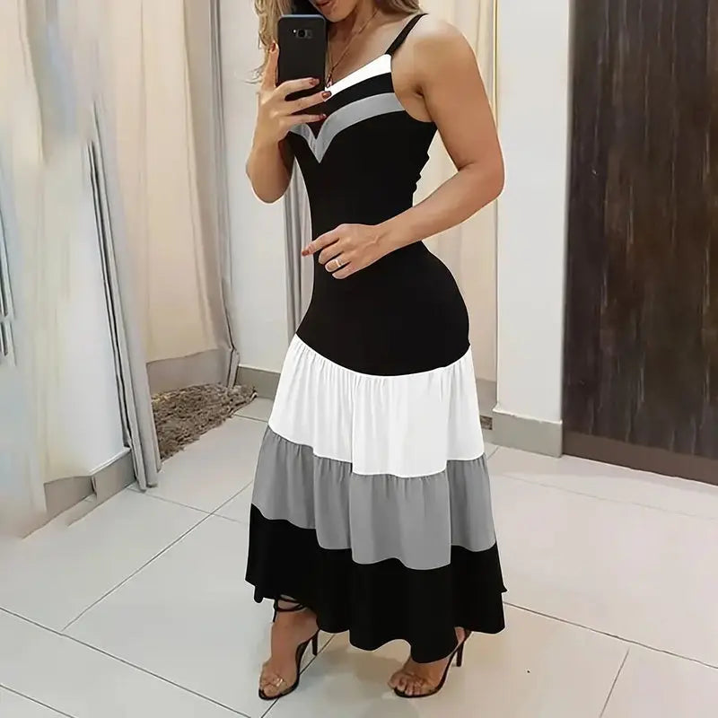 Women's Summer Casual Sleeveless V Neck Color Block Spaghetti Strap Maxi Long Dress Lady T Fashions