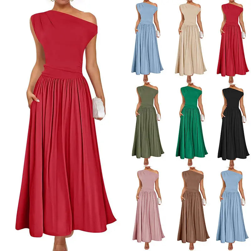 Slant Shoulder Sexy Waist Trimming Long With Pocket Dress Lady T Fashions