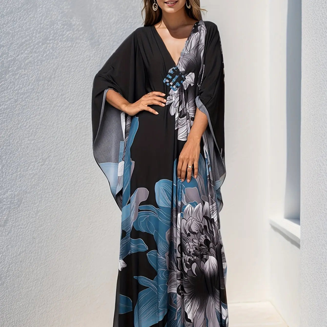 Plus Size Floral Print Dress - Elegant V-Neckline, Flowy Batwing Sleeves, Effortless Casual Style - Designed for Plus-Size Women, Ideal for Ramadan Celebrations and Everyday Wear Lady T Fashions