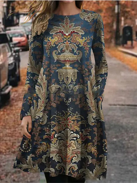 European And American Summer 3D Printing Dress Floral Round Neck Long Sleeve Lady T Fashions