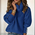 Women's Solid Color High-Neck Sweater - Button Cuff Detail, Cozy Fall&Winter Loose-Fit Top Lady T Fashions