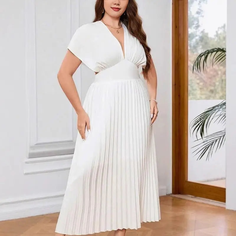 V-neck Sexy Bat Sleeve Slim-fit Pleated A- Line Dress Lady T Fashions