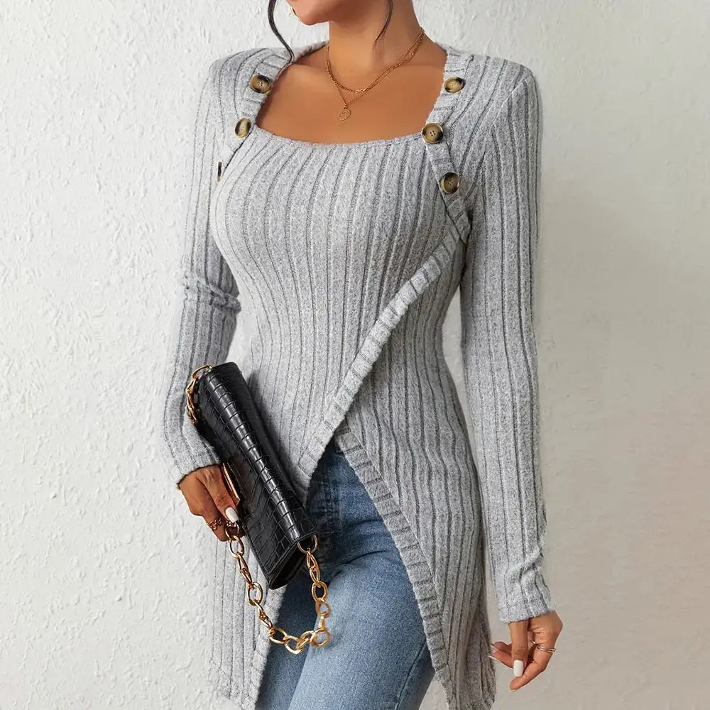 Elegant Women's Solid Color Slim-Fit Long Sleeve Top - Square Neck & Button Detail With Asymmetric Hem, Casual Fall&Spring Blouse Lady T Fashions