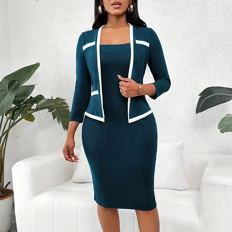 Women's Square Neck Half Sleeve Office Dress - Mock Two-Piece Bodycon Work Dress Lady T Fashions