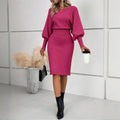 Women's Solid Color Round Neck Lantern Sleeve Bodycon Dress - Elastic Waist Knee-Length Knit Dress Lady T Fashions