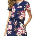 Ladies' Round Neck Floral Print Elegant Drawstring Slanted Pocket Detail Dress Lady T Fashions