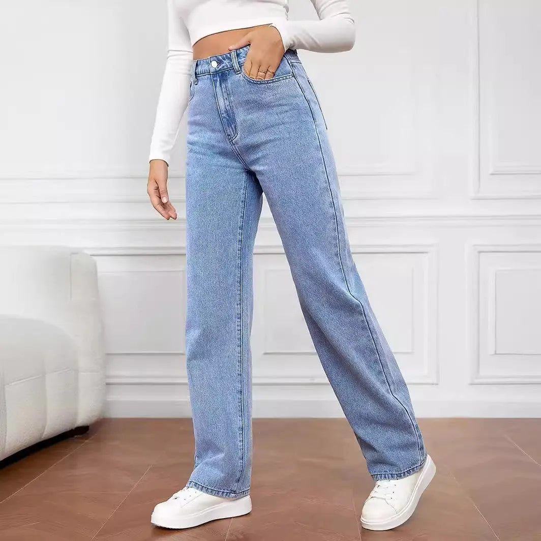 Washed Fashion Straight Jeans Women's Mid Waist Lady T Fashions