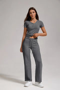 Women's Casual Sports Two-piece Set With V-neck Button, Short Sleeved, Low Waisted Flared Pants, Sportswear Lady T Fashions