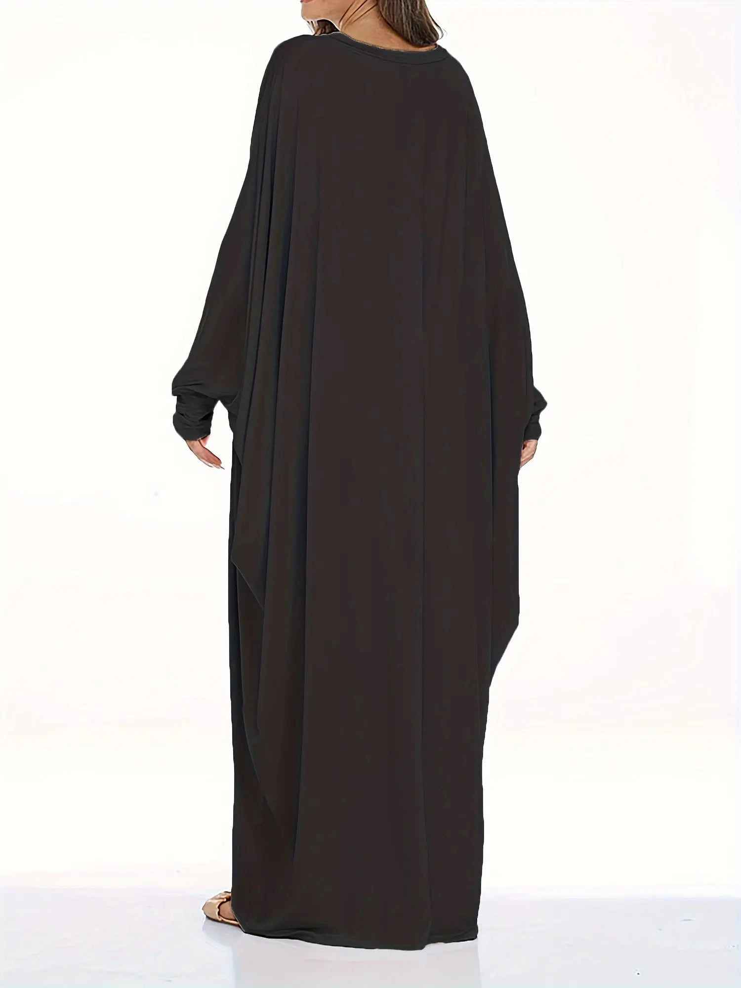 Elegant Long-Sleeve Batwing Tunic Dress for Plus Size Women - Loose Fit, Polyester, Solid Brown, All-Season Wear, Pullover Style, Comfortable Sandals, Plus Size Clothing | Elegant Tunic Dress | Polyester Fabric Lady T Fashions