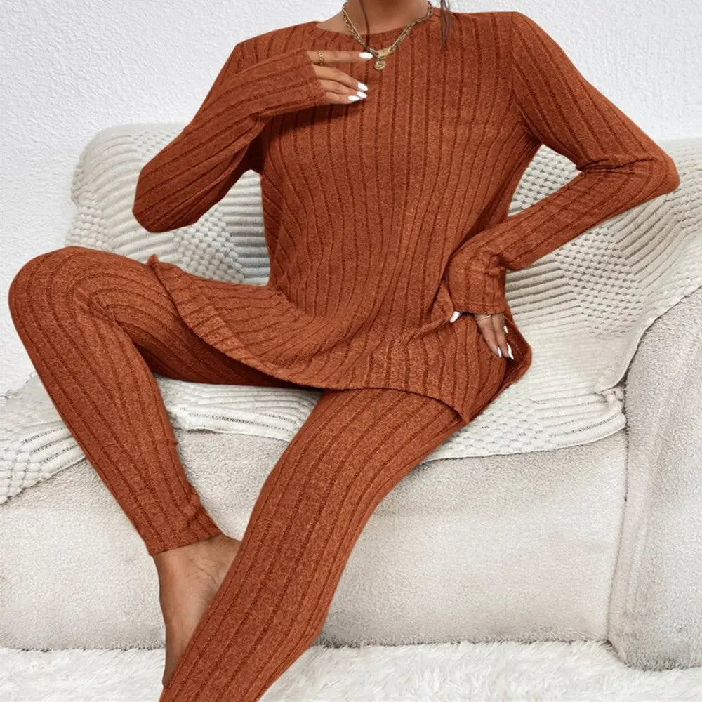 Fashion Casual Long Sleeve Split Irregular Round-neck Shirt Trousers Suit Lady T Fashions