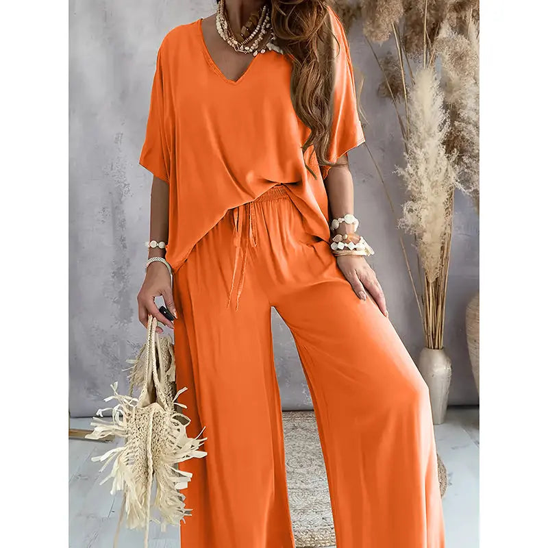 Women's 2 Piece Outfit, Casual Solid Color V-Neck Half Sleeve Top And Wide Leg Pants Lounge Set Lady T Fashions