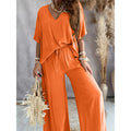 Women's 2 Piece Outfit, Casual Solid Color V-Neck Half Sleeve Top And Wide Leg Pants Lounge Set Lady T Fashions