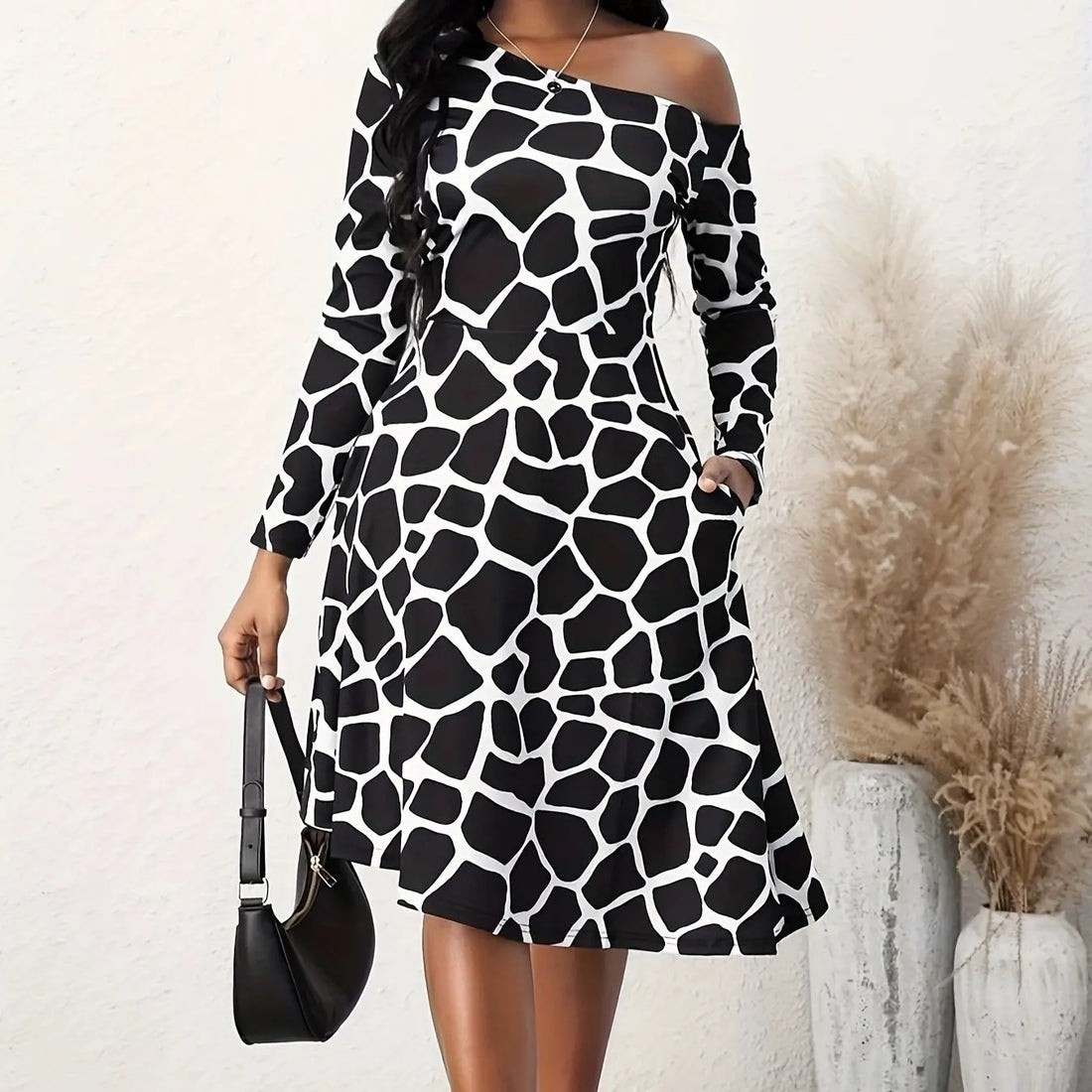 Ladies' Fashionable And Elegant Printed Off Shoulder Zebra Print A-line Dress Lady T Fashions