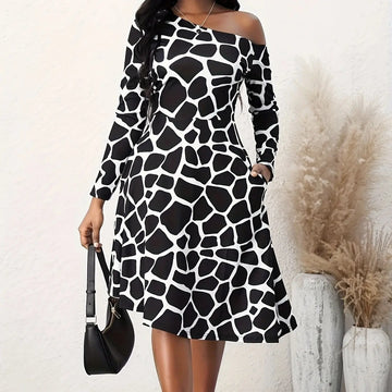 Ladies' Fashionable And Elegant Printed Off Shoulder Zebra Print A-line Dress Lady T Fashions