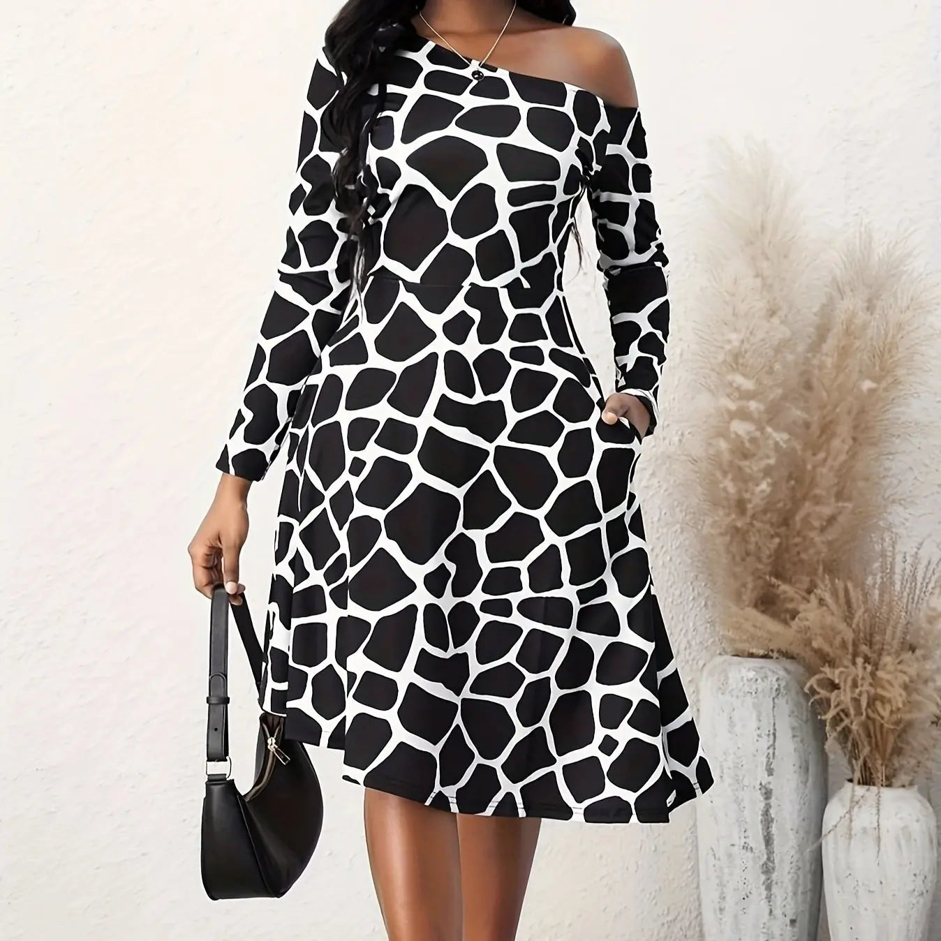 Ladies' Fashionable And Elegant Printed Off Shoulder Zebra Print A-line Dress Lady T Fashions