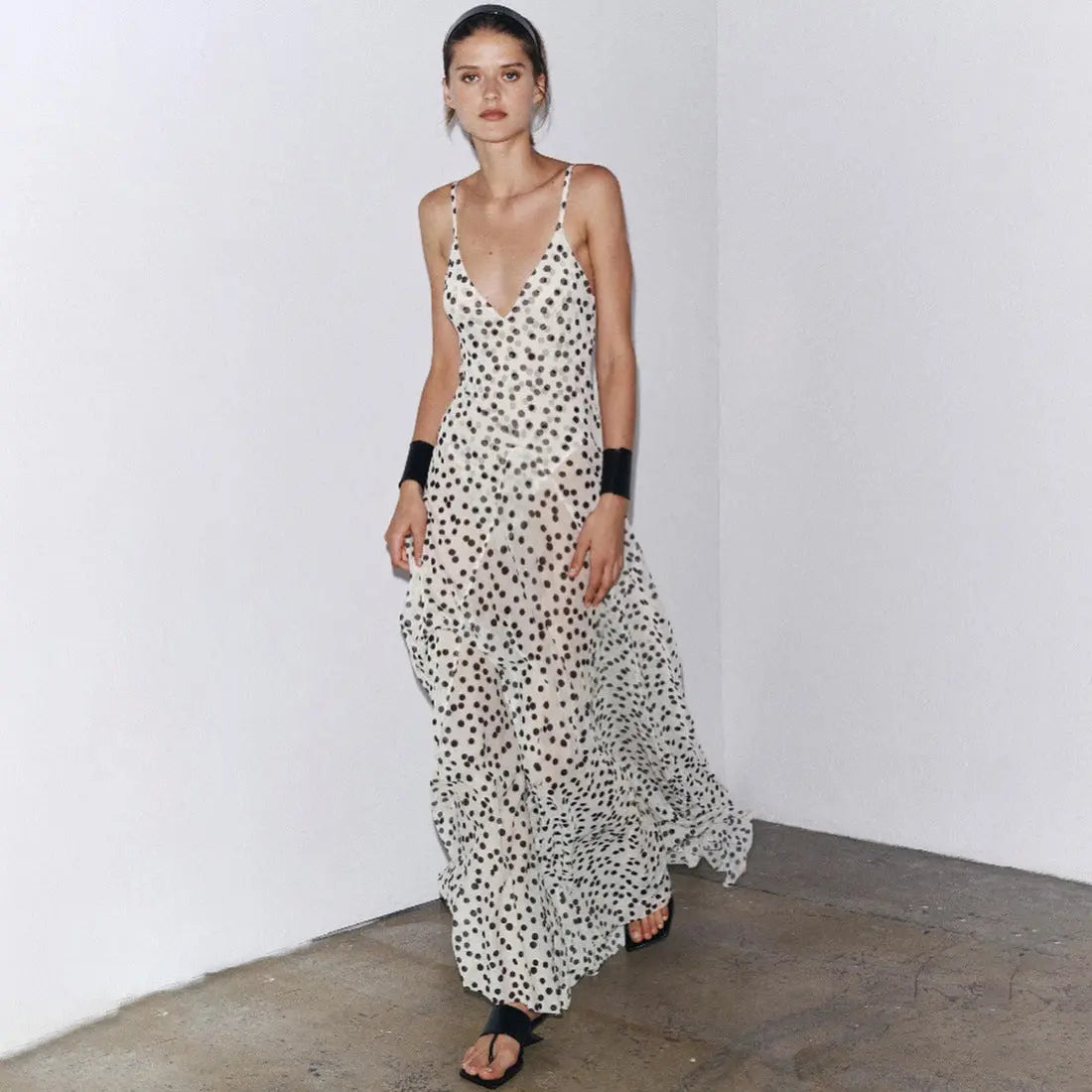 Street Shot Polka Dot Print Sleeveless Sling High Waist Dress Lady T Fashions