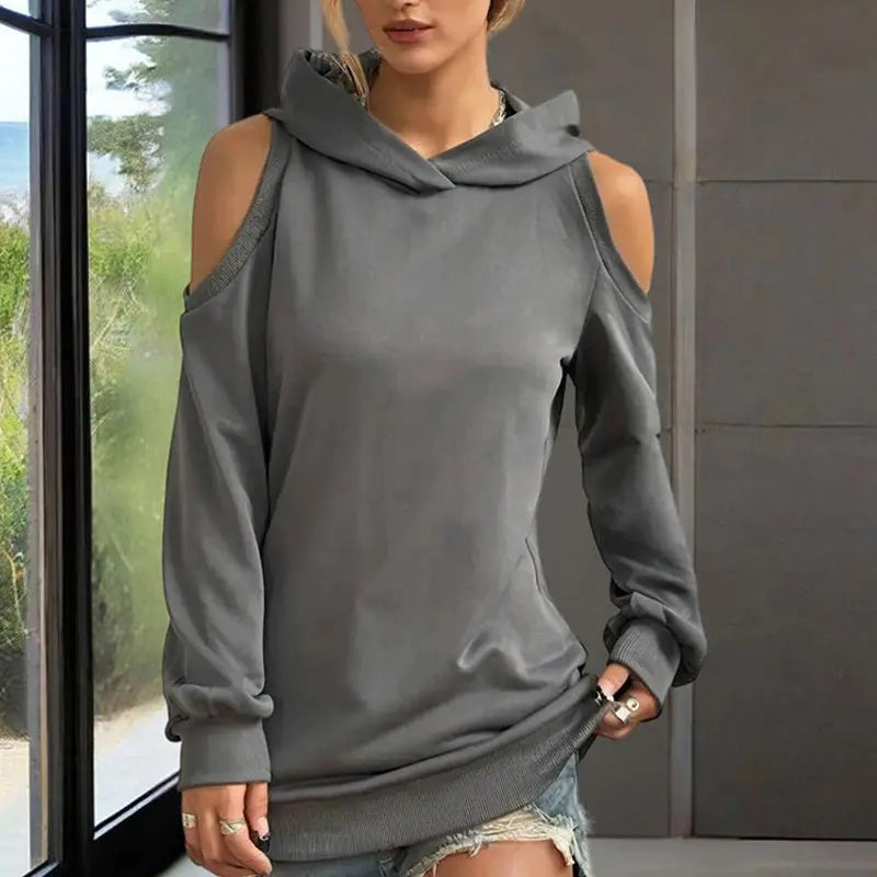 Women's Solid Color Long Sleeve Off-Shoulder Hoodie - Spring & Summer Fashion Casual Pullover Top Lady T Fashions
