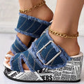 Women's Letter Print & Denim Canvas Sandals, Slip-on Buckle Wedge Heel Shoes, Fashion & Summer Women's Shoes Lady T Fashions