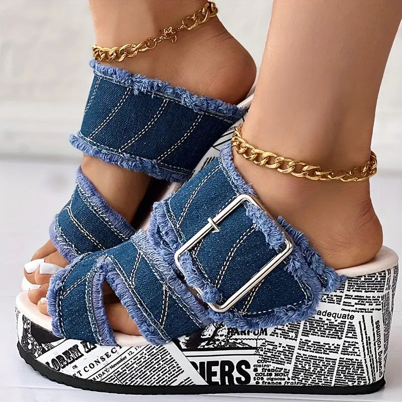 Women's Letter Print & Denim Canvas Sandals, Slip-on Buckle Wedge Heel Shoes, Fashion & Summer Women's Shoes Lady T Fashions
