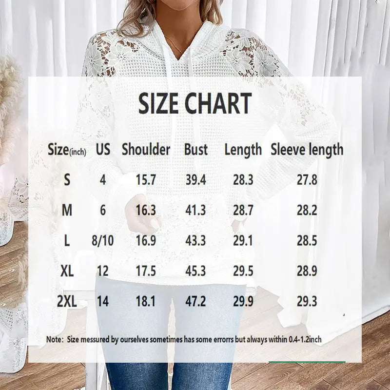 Women's Solid Color Casual Hooded Sweatshirt With Lace-Trimmed Sheer Sleeves & Large Lace Pockets, Pullover Hoodie Lady T Fashions