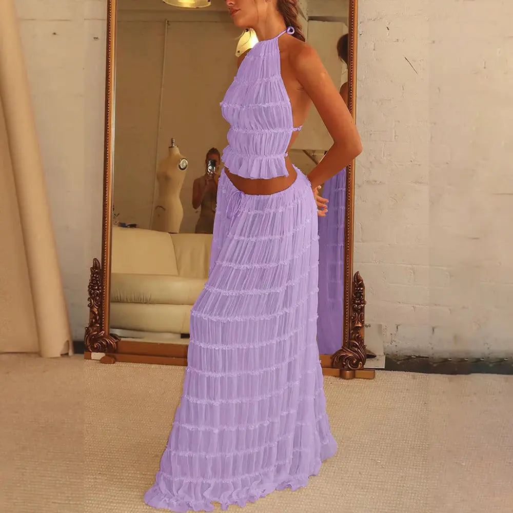 2pcs Women's Dress Suit Sexy Sleeveless Backless Cropped Halter Top And Pleated Long Skirt Beach Clothing Lady T Fashions
