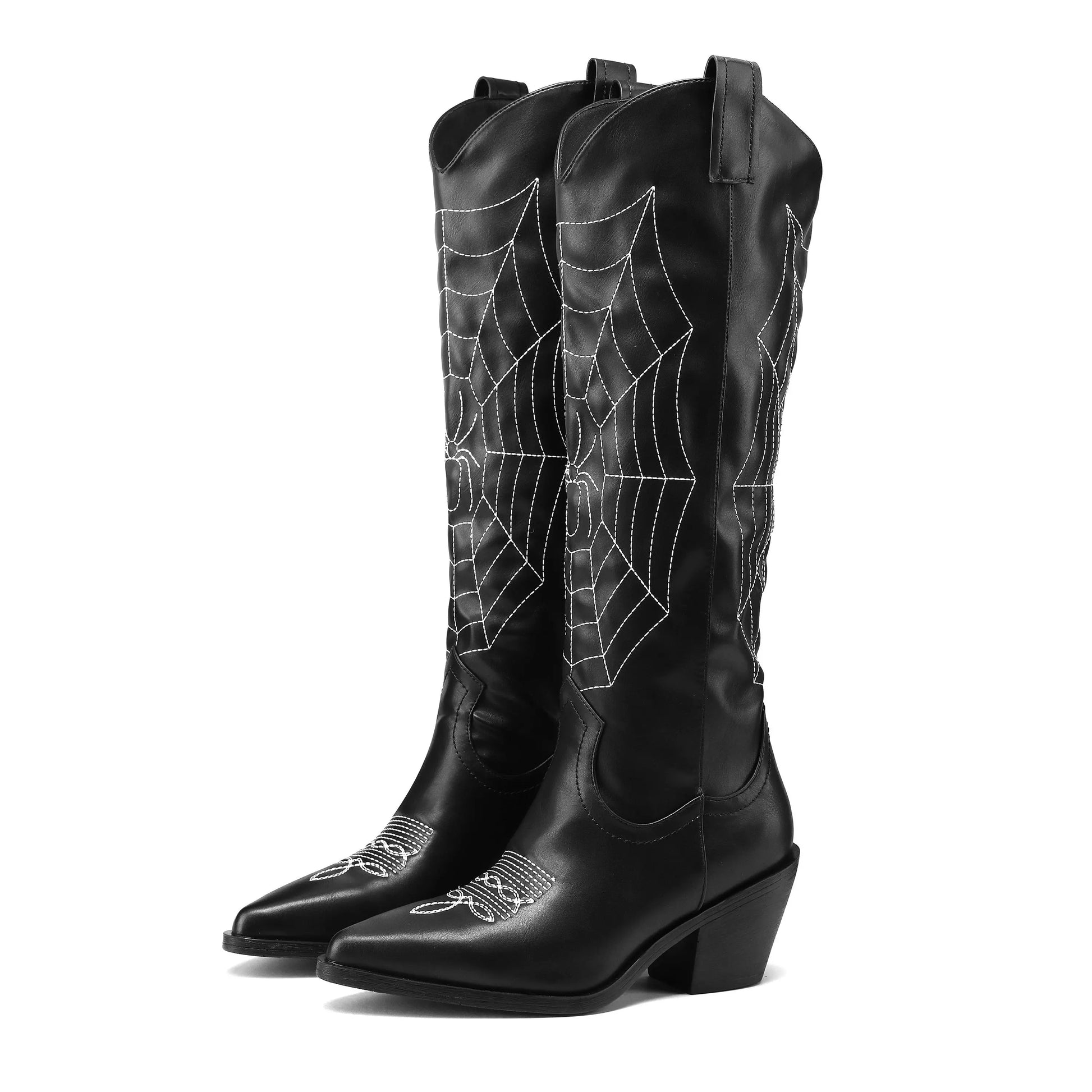 Women's Chunky Heel Spider Print Knee High Boots, Pointed Toe Solid Color Slip On Long Boots, Comfortable Shoes Lady T Fashions