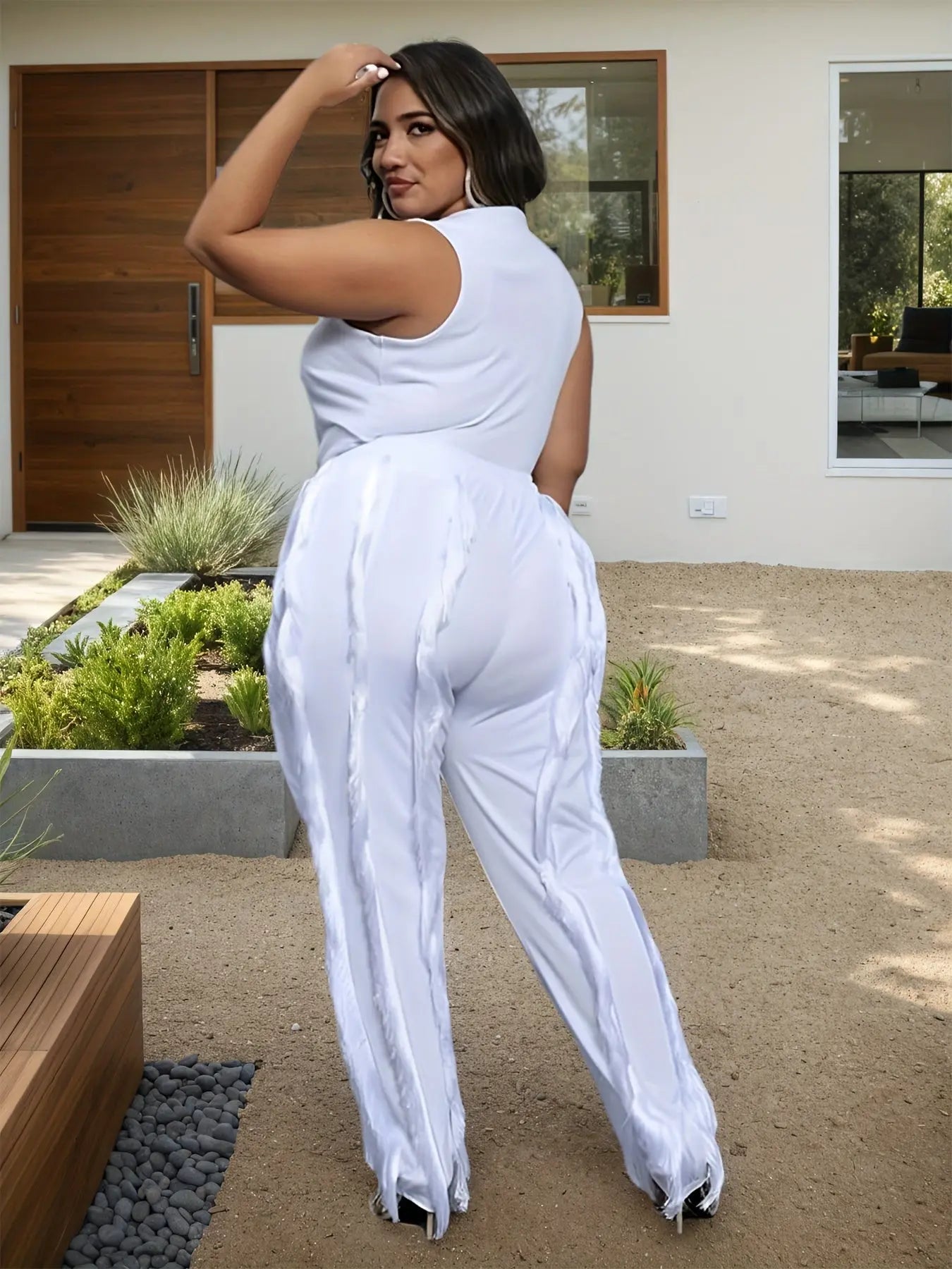 Plus Size - Women Plus Size 2pcs Outfits Fringe Tassel Long Pants Set Sleeveless Tank Tops Clubwear Lady T Fashions
