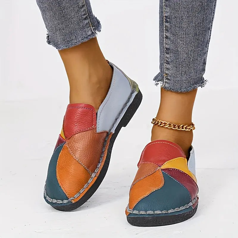 [Fashion Loafers] Soft Colorblock Women's Flat Loafers | Fashion Round Toe Slip On Faux Leather Shoes, Casual Walking Anti-skid Shoes Lady T Fashions