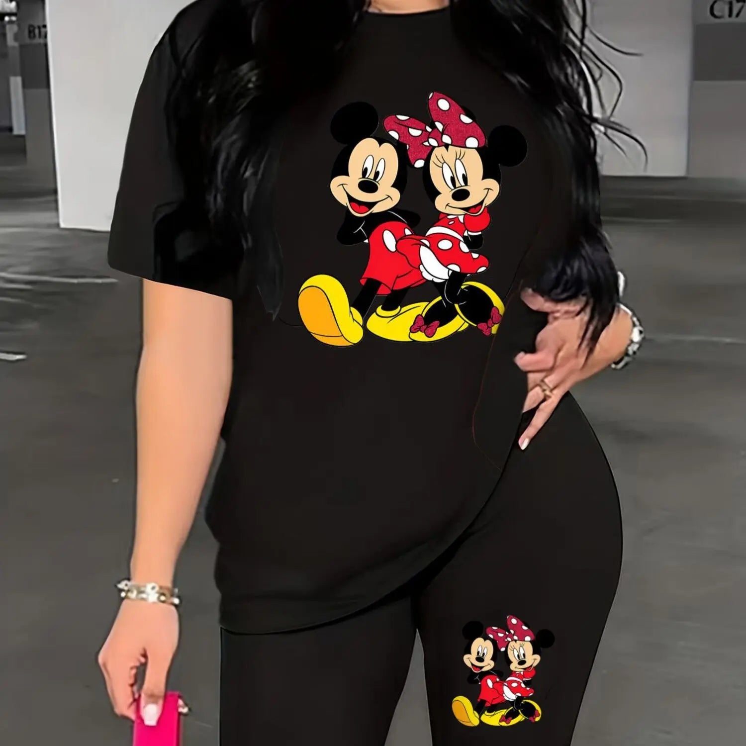 A Two-Piece Outfit Featuring a Printed Short-Sleeve T-Shirt with Dropped Shoulders And Cropped Leggings, Designed for Plus-Size Women, Licensed with Mickey And Minnie. Lady T Fashions