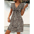 Women's Vibrant Leopard Print Twist Front V Neck Casual Summer Short Sleeve Bodycon Mini Dresses Lady T Fashions