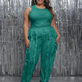 Plus Size - Women Plus Size 2pcs Outfits Fringe Tassel Long Pants Set Sleeveless Tank Tops Clubwear Lady T Fashions