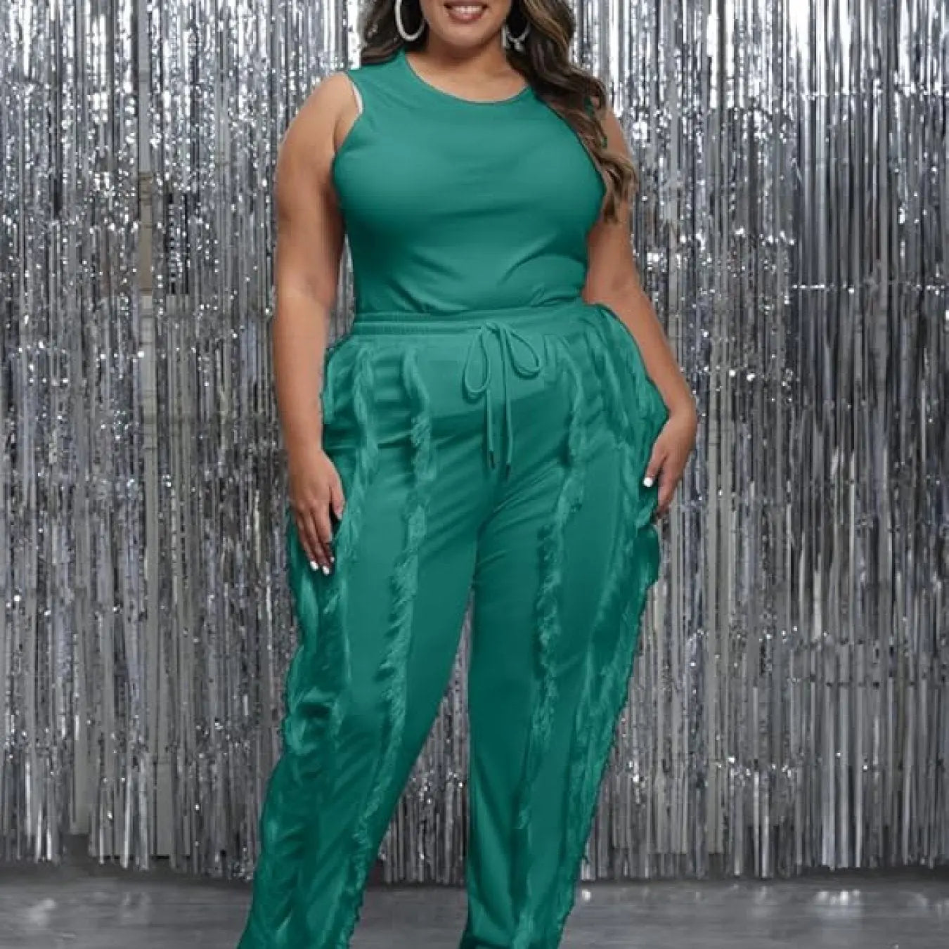 Plus Size - Women Plus Size 2pcs Outfits Fringe Tassel Long Pants Set Sleeveless Tank Tops Clubwear Lady T Fashions