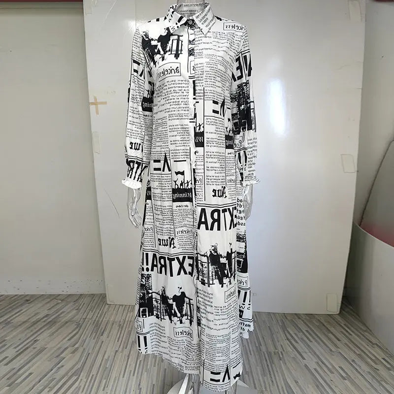 Women's Long Sleeve Newspaper Print Shirt Dress Button Down Casual Long Dress Lady T Fashions