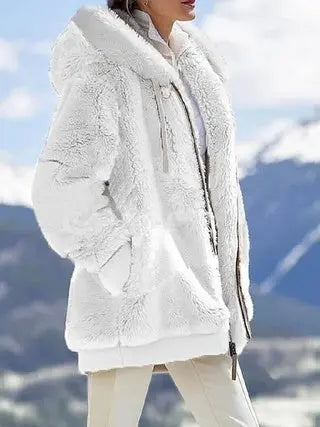 Fall And Winter Loose Plush Long Sleeves With Zippered Pockets And Hooded Warm Jacket Lady T Fashions