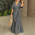 Women's Summer Casual Striped Button Down Maxi Dress Tie Waist Short Sleeve Shirt Dress With Pockets Lady T Fashions