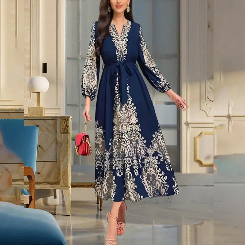Women's Bohemian Floral Print Dress Ethnic Middle Eastern Style Long Sleeve Tiered Maxi Dress With Drawstring Waist Lady T Fashions