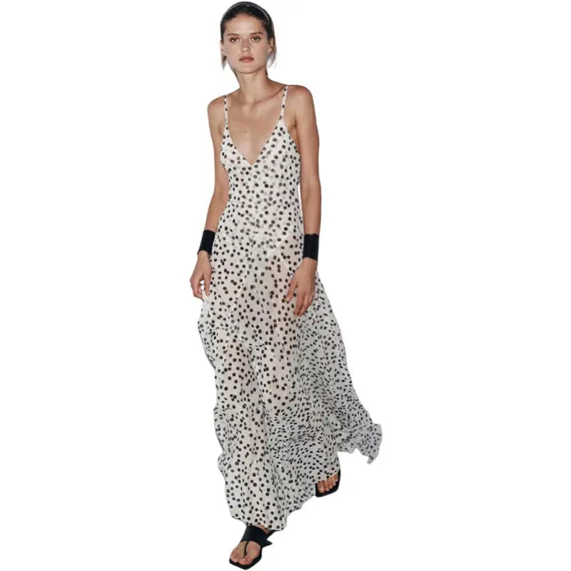 Street Shot Polka Dot Print Sleeveless Sling High Waist Dress Lady T Fashions