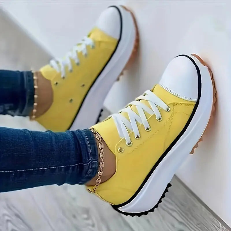 Women's Chunky Canvas Shoes, Non Slip Lace Up Casual Sneakers, Thick Sole Running Sports Shoes Lady T Fashions