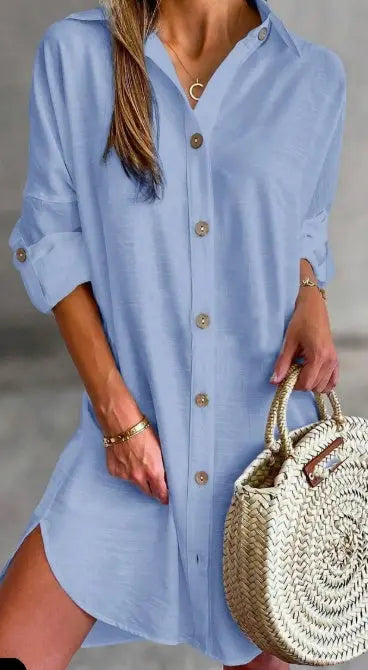Women'S Simple Button-Down Casual Long Sleeved Shirt Dress Relaxing Resort Style Adjust Sleeve Length Shirt Dress Lady T Fashions